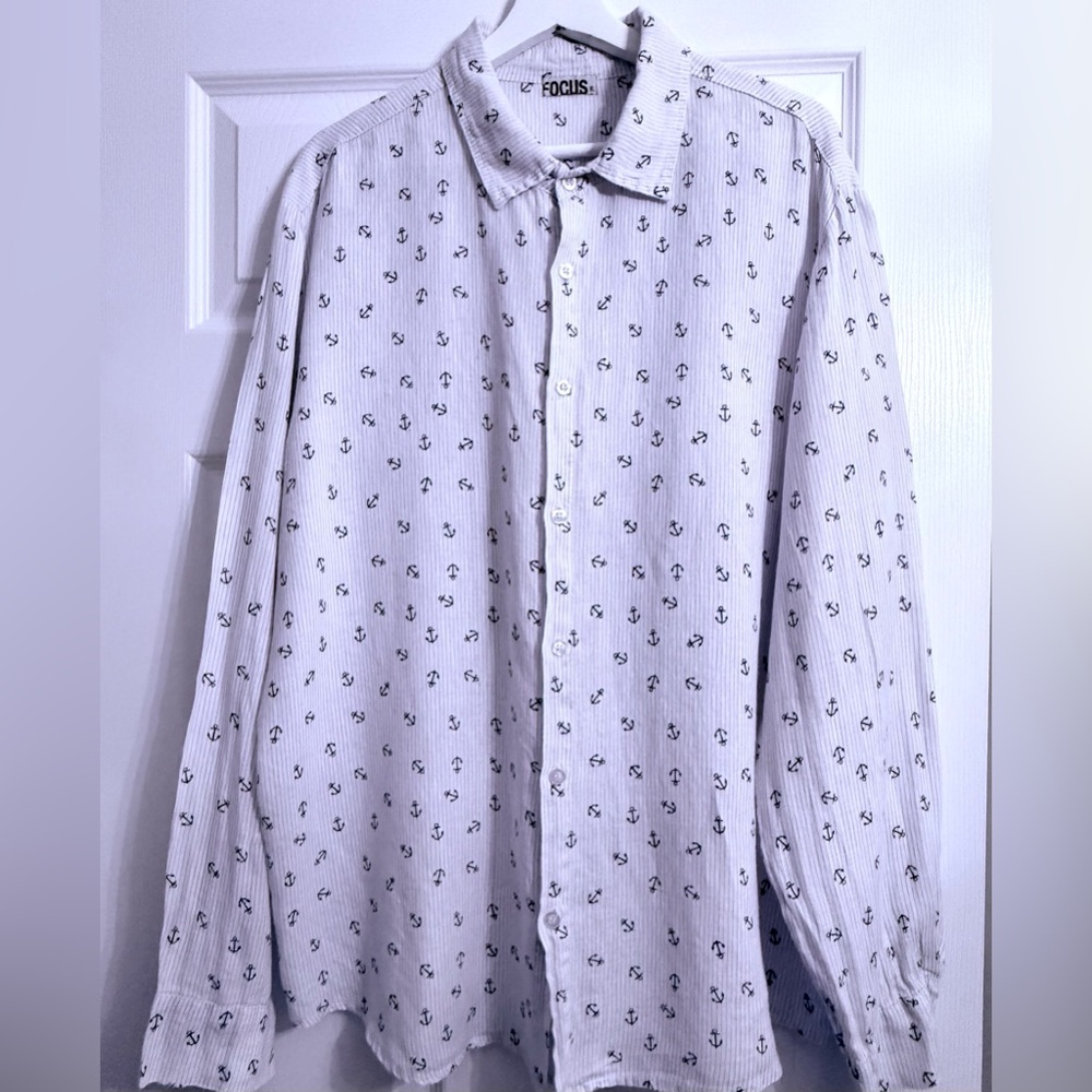 Focus Men's Casual Anchor Print button up Shirt -100% linen- size XL